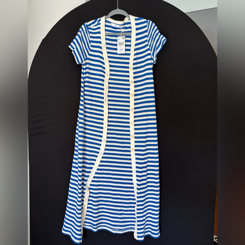Mango Blue and White Striped swim cover up Dress with buttons